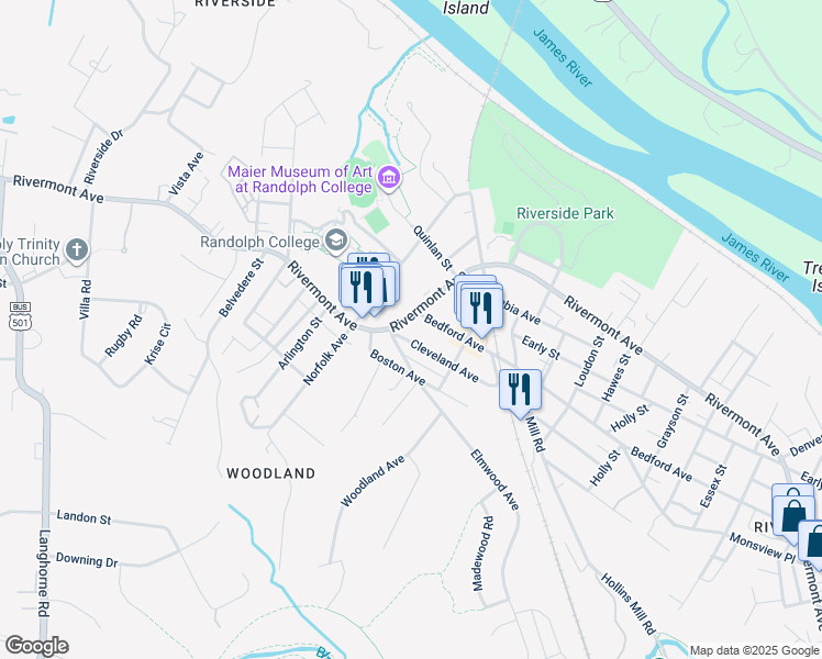 map of restaurants, bars, coffee shops, grocery stores, and more near in Lynchburg