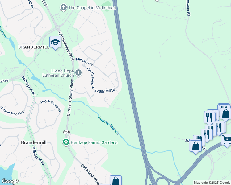 map of restaurants, bars, coffee shops, grocery stores, and more near 12919 Foggy Mill Drive in Midlothian