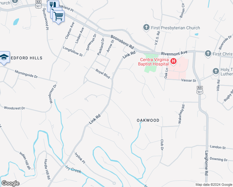 map of restaurants, bars, coffee shops, grocery stores, and more near 1990 Link Road in Lynchburg