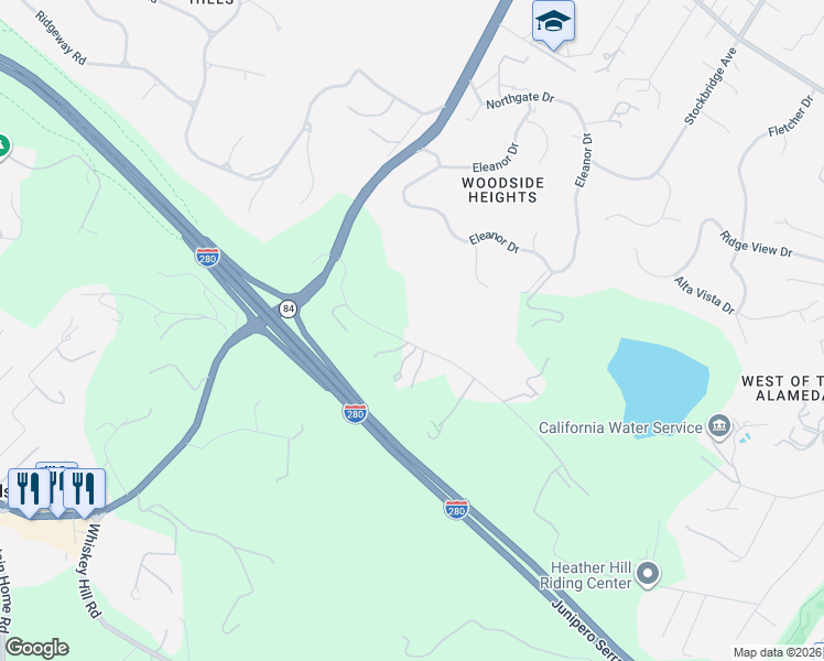 map of restaurants, bars, coffee shops, grocery stores, and more near 560 Moore Road in Woodside