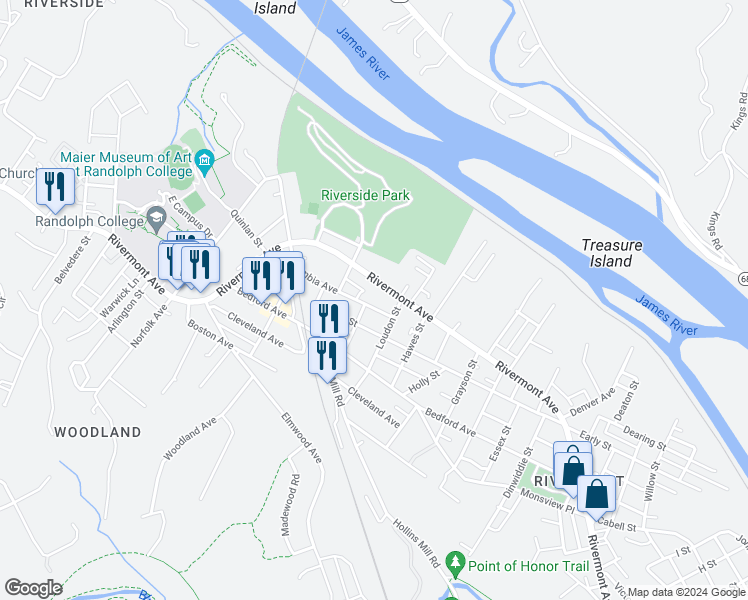 map of restaurants, bars, coffee shops, grocery stores, and more near 2123 Rivermont Avenue in Lynchburg