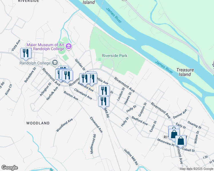 map of restaurants, bars, coffee shops, grocery stores, and more near 2161 Columbia Avenue in Lynchburg