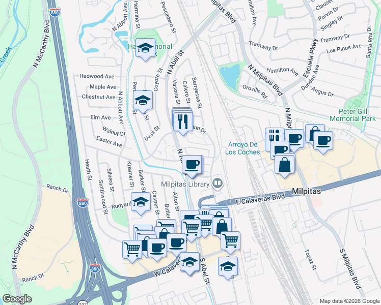 map of restaurants, bars, coffee shops, grocery stores, and more near 175 Images Circle in Milpitas