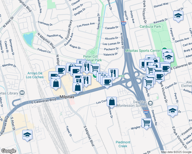 map of restaurants, bars, coffee shops, grocery stores, and more near 719 East Calaveras Boulevard in Milpitas