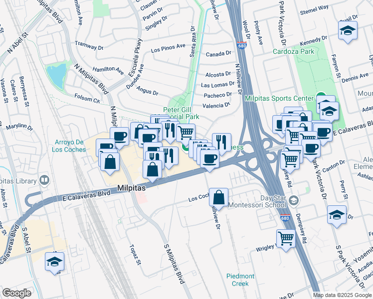 map of restaurants, bars, coffee shops, grocery stores, and more near 719 East Calaveras Boulevard in Milpitas