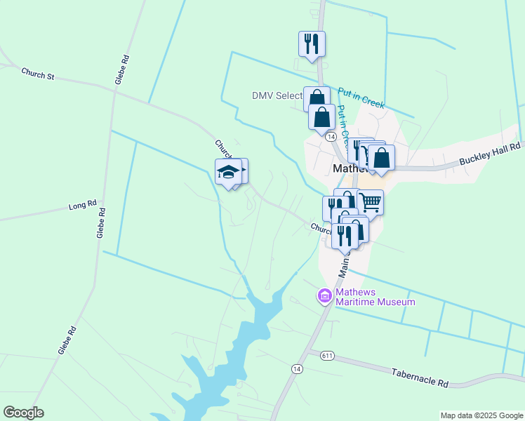 map of restaurants, bars, coffee shops, grocery stores, and more near 305 Church Street in Mathews