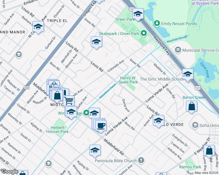 map of restaurants, bars, coffee shops, grocery stores, and more near 890 Clara Drive in Palo Alto