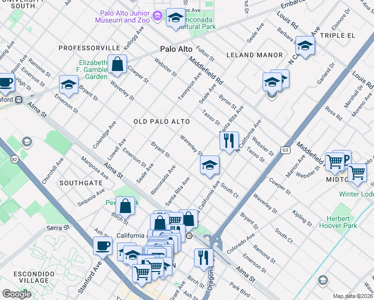 map of restaurants, bars, coffee shops, grocery stores, and more near 1940 Waverley Street in Palo Alto
