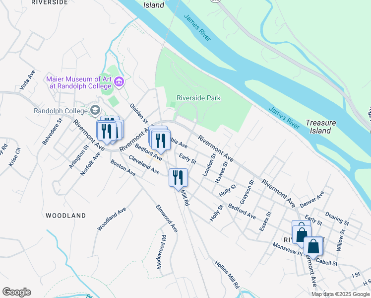 map of restaurants, bars, coffee shops, grocery stores, and more near 2161 Columbia Avenue in Lynchburg