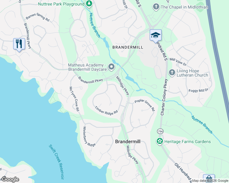 map of restaurants, bars, coffee shops, grocery stores, and more near 4012 Timber Ridge Road in Midlothian