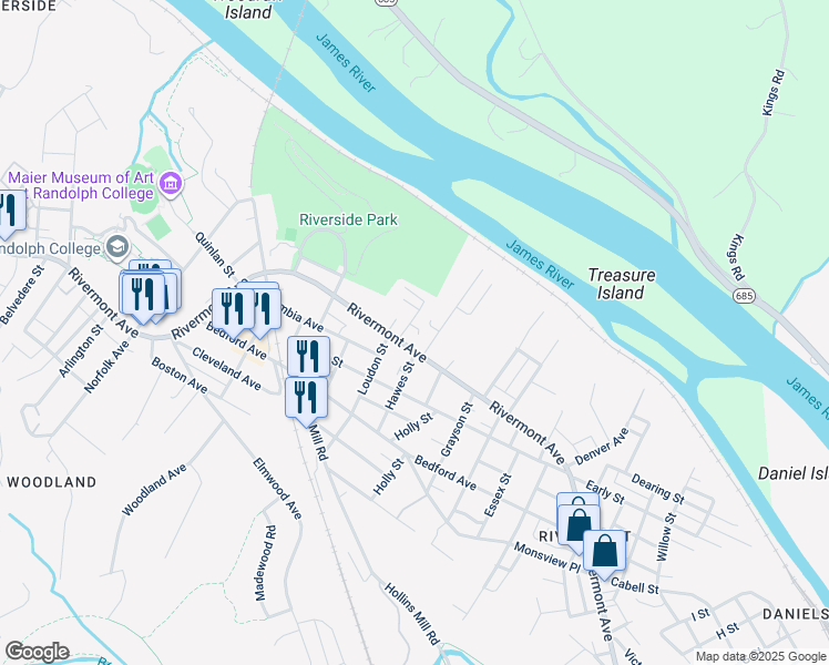 map of restaurants, bars, coffee shops, grocery stores, and more near 2024 Rivermont Avenue in Lynchburg