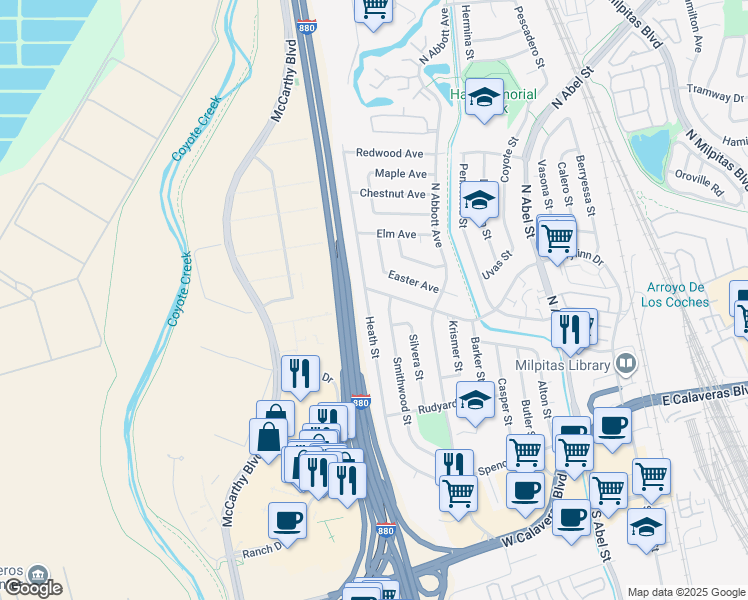 map of restaurants, bars, coffee shops, grocery stores, and more near 386 Heath Street in Milpitas