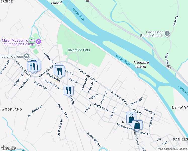 map of restaurants, bars, coffee shops, grocery stores, and more near 2024 Rivermont Avenue in Lynchburg