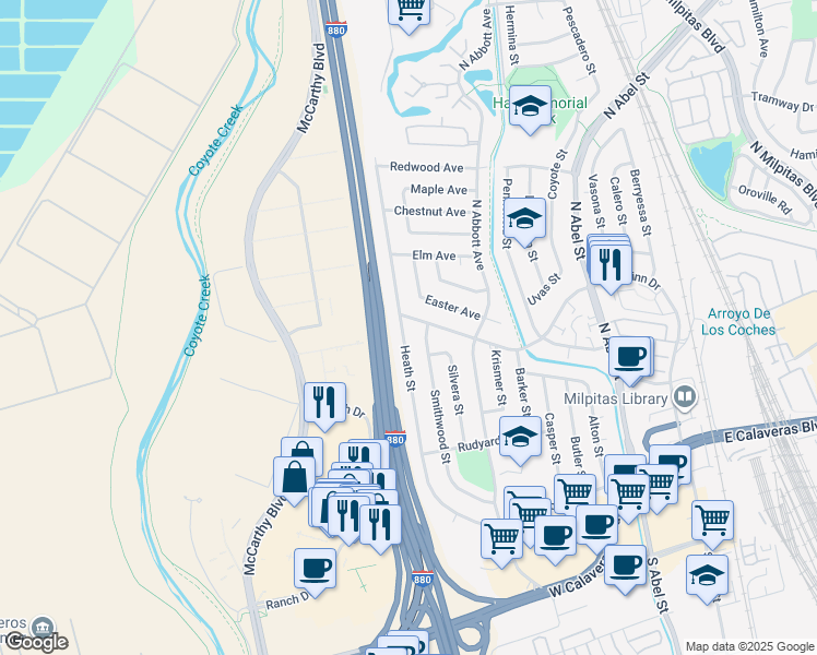 map of restaurants, bars, coffee shops, grocery stores, and more near 386 Heath Street in Milpitas
