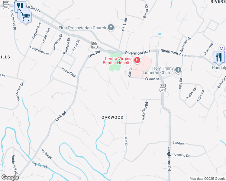 map of restaurants, bars, coffee shops, grocery stores, and more near 412 Preserve Drive in Lynchburg