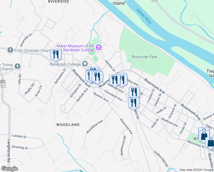 map of restaurants, bars, coffee shops, grocery stores, and more near 2455 Rivermont Avenue in Lynchburg