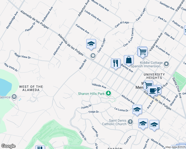 map of restaurants, bars, coffee shops, grocery stores, and more near 2191 Mills Avenue in Menlo Park