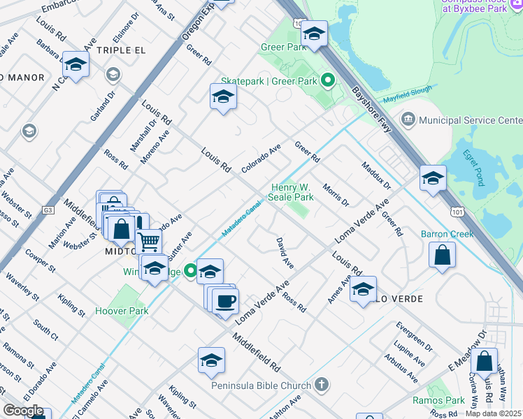map of restaurants, bars, coffee shops, grocery stores, and more near 3102 David Avenue in Palo Alto