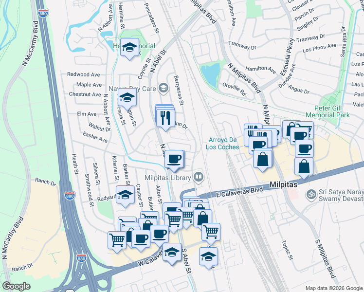 map of restaurants, bars, coffee shops, grocery stores, and more near 73 Images Circle in Milpitas