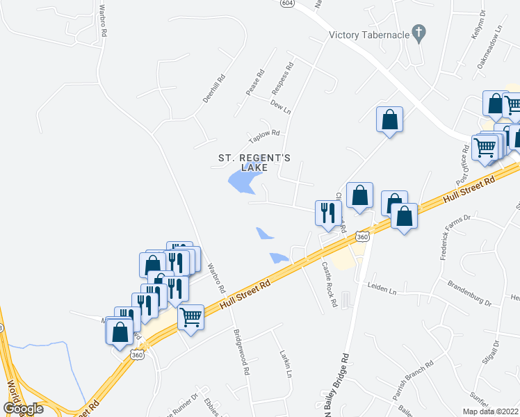 map of restaurants, bars, coffee shops, grocery stores, and more near 12003 Stamford Road in Midlothian