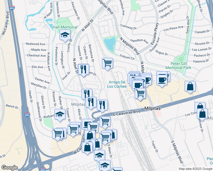 map of restaurants, bars, coffee shops, grocery stores, and more near 404 Railroad Court in Milpitas