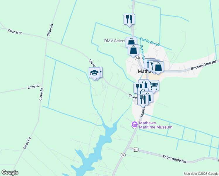 map of restaurants, bars, coffee shops, grocery stores, and more near 305 Church Street in Mathews