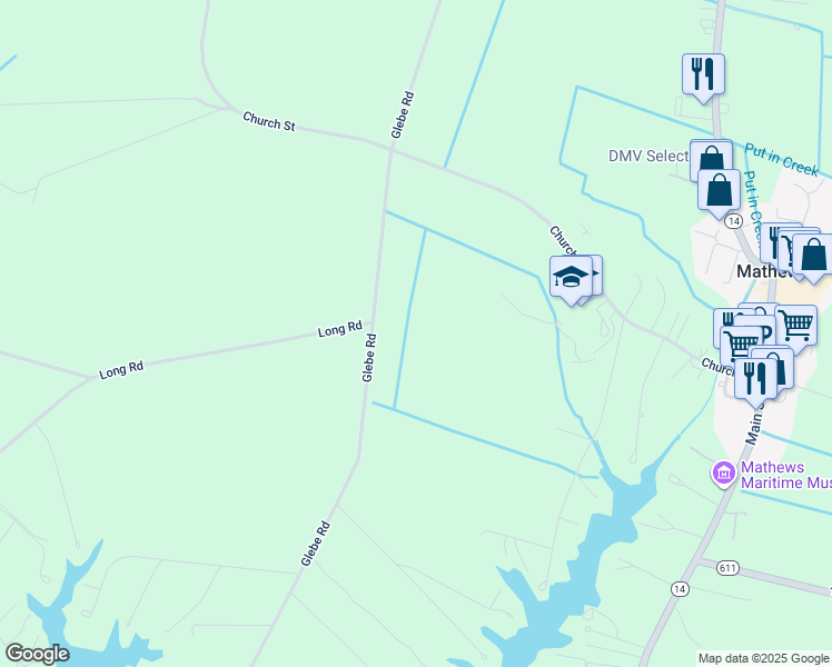 map of restaurants, bars, coffee shops, grocery stores, and more near 1301 Glebe Road in Mathews