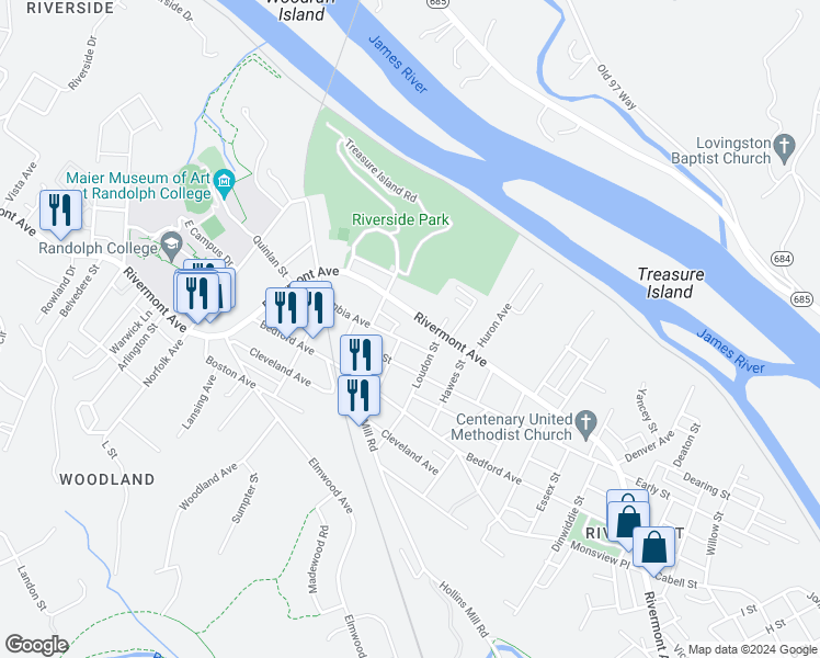map of restaurants, bars, coffee shops, grocery stores, and more near 2123 Rivermont Avenue in Lynchburg