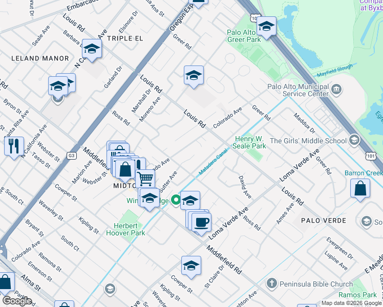 map of restaurants, bars, coffee shops, grocery stores, and more near 836 Colorado Avenue in Palo Alto