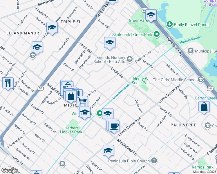 map of restaurants, bars, coffee shops, grocery stores, and more near 837 Sutter Avenue in Palo Alto
