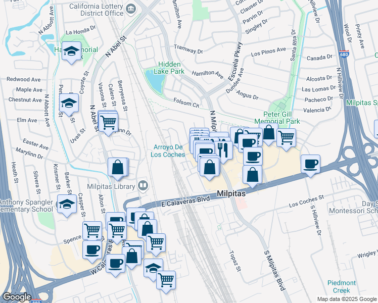 map of restaurants, bars, coffee shops, grocery stores, and more near 217 Shadowlake Court in Milpitas