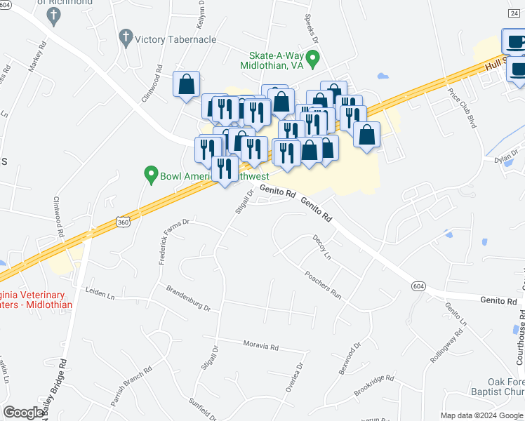 map of restaurants, bars, coffee shops, grocery stores, and more near 11023 Stigall Way in Midlothian