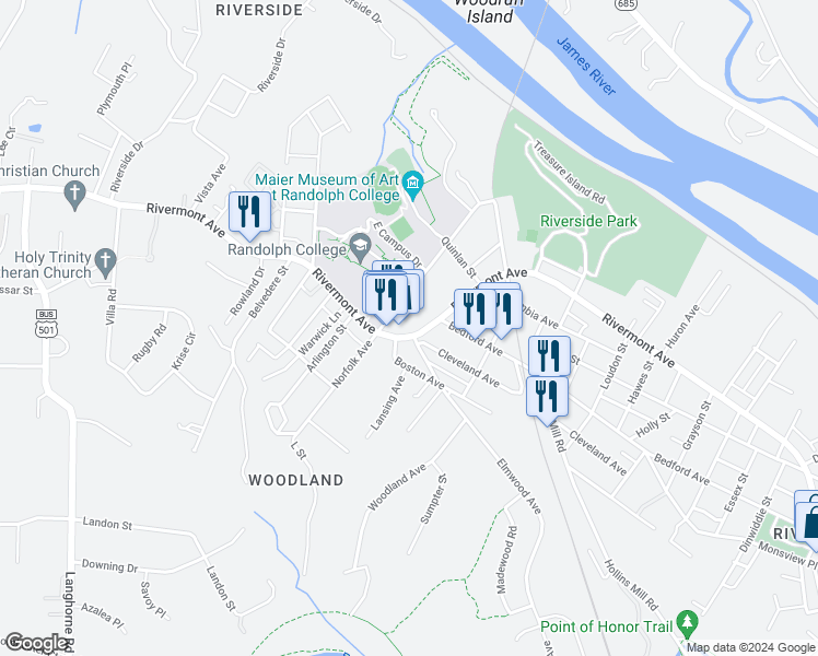 map of restaurants, bars, coffee shops, grocery stores, and more near 2476 Rivermont Avenue in Lynchburg