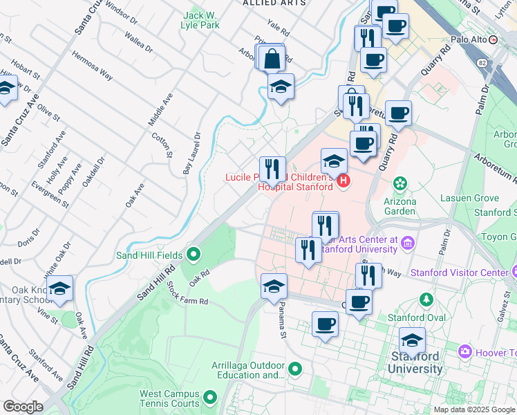 map of restaurants, bars, coffee shops, grocery stores, and more near in Palo Alto