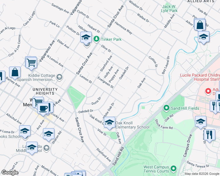 map of restaurants, bars, coffee shops, grocery stores, and more near 610 Evergreen Street in Menlo Park