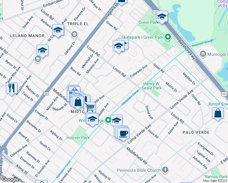 map of restaurants, bars, coffee shops, grocery stores, and more near 830 Colorado Avenue in Palo Alto