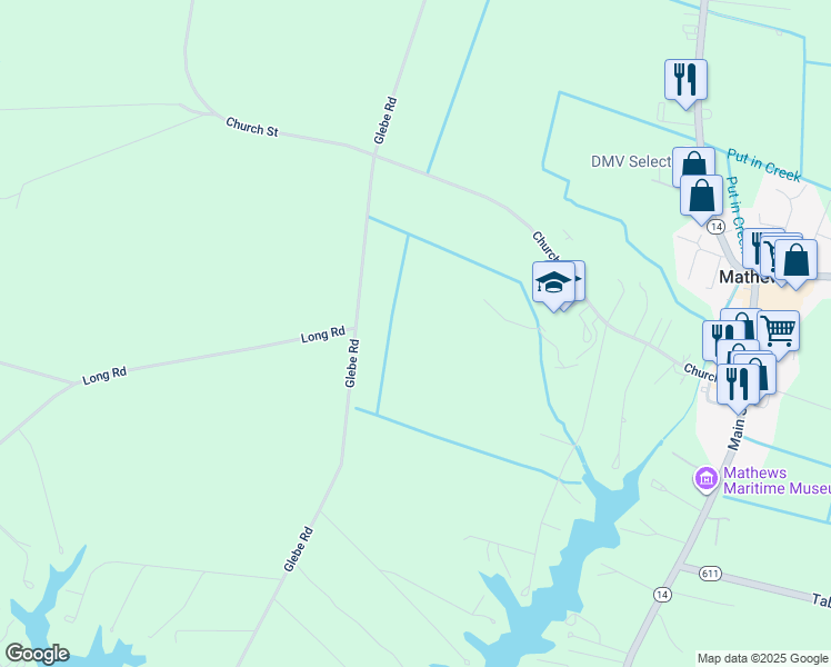 map of restaurants, bars, coffee shops, grocery stores, and more near 1301 Glebe Road in Mathews