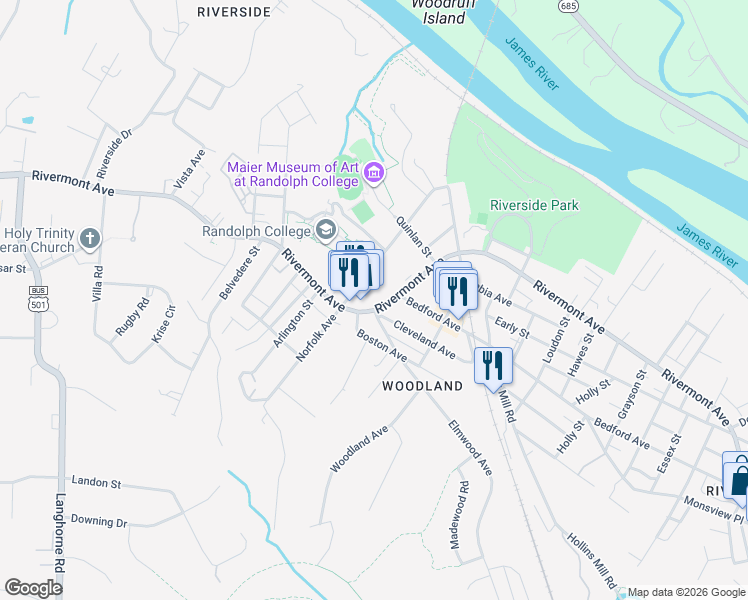 map of restaurants, bars, coffee shops, grocery stores, and more near 2472 Rivermont Avenue in Lynchburg