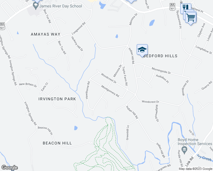 map of restaurants, bars, coffee shops, grocery stores, and more near 4400 Montgomery Road in Lynchburg