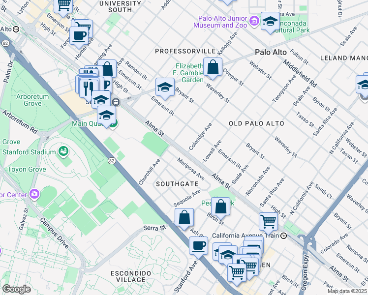 map of restaurants, bars, coffee shops, grocery stores, and more near 1555 Alma Street in Palo Alto