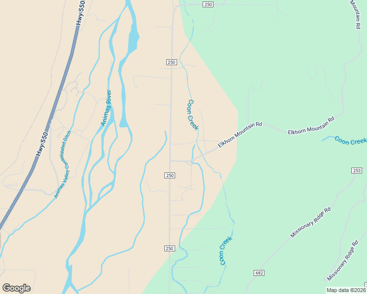 map of restaurants, bars, coffee shops, grocery stores, and more near 10862 County Road 250 in Durango