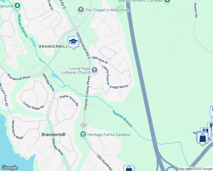 map of restaurants, bars, coffee shops, grocery stores, and more near 3924 Liberty Point Drive in Midlothian