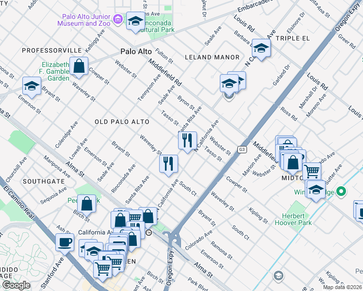 map of restaurants, bars, coffee shops, grocery stores, and more near 481 Washington Avenue in Palo Alto