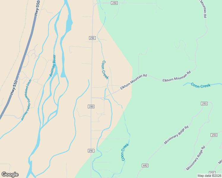 map of restaurants, bars, coffee shops, grocery stores, and more near 10862 County Road 250 in Durango
