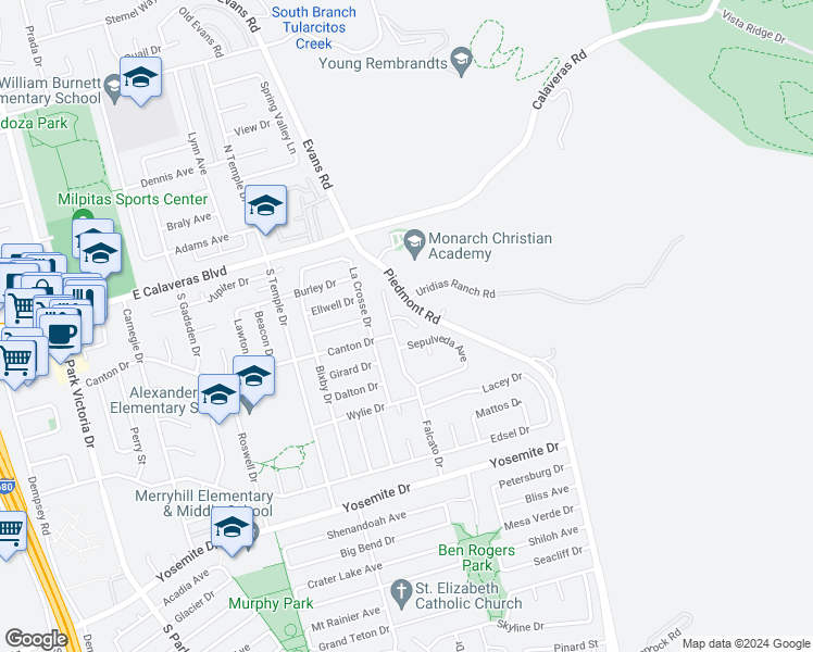 map of restaurants, bars, coffee shops, grocery stores, and more near 2084 Frank Court in Milpitas