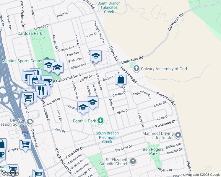 map of restaurants, bars, coffee shops, grocery stores, and more near 1809 Findley Drive in Milpitas