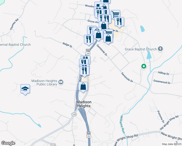 map of restaurants, bars, coffee shops, grocery stores, and more near 4993 South Amherst Highway in Madison Heights