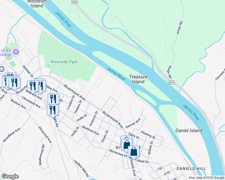 map of restaurants, bars, coffee shops, grocery stores, and more near 7 Fredonia Avenue in Lynchburg