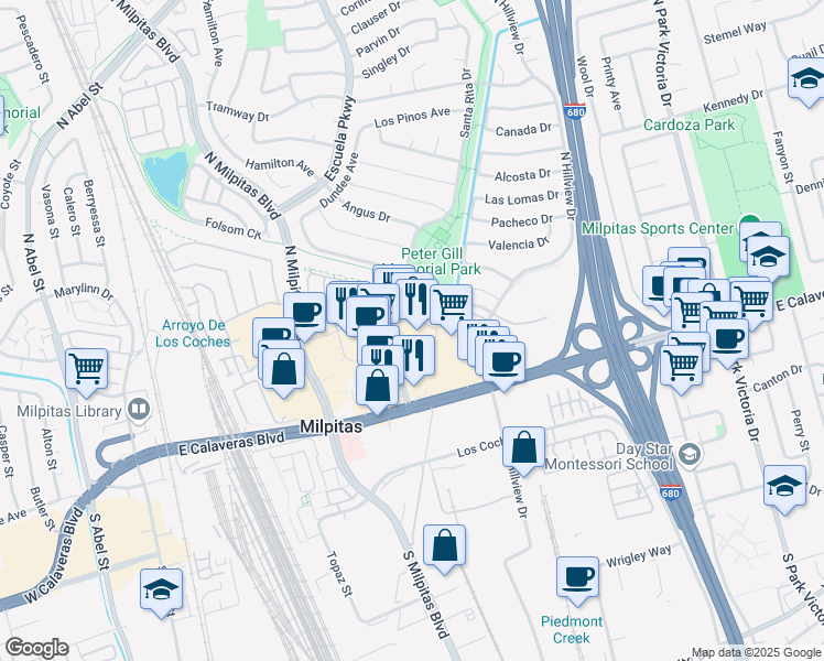 map of restaurants, bars, coffee shops, grocery stores, and more near 649 Town Center Drive in Milpitas