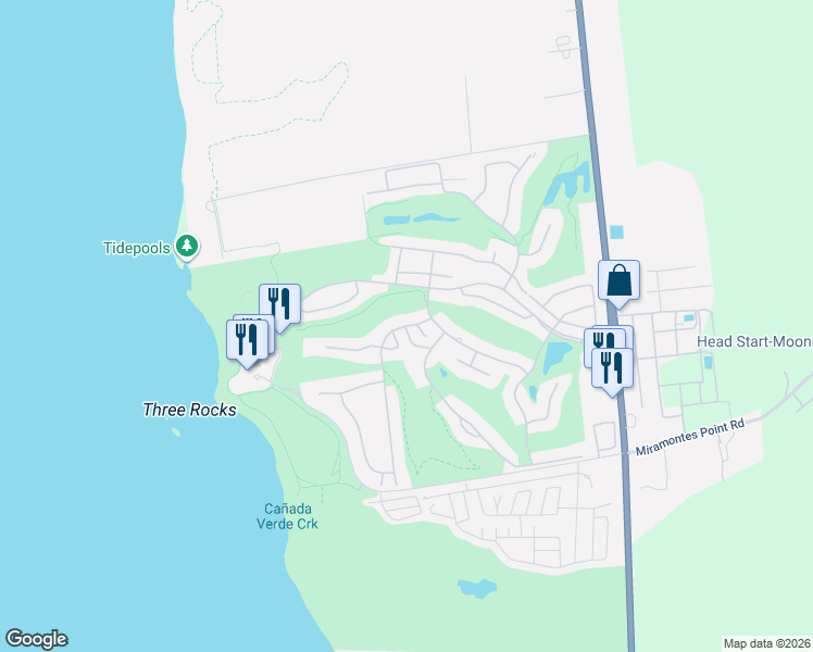 map of restaurants, bars, coffee shops, grocery stores, and more near Cypress Point Road in Half Moon Bay